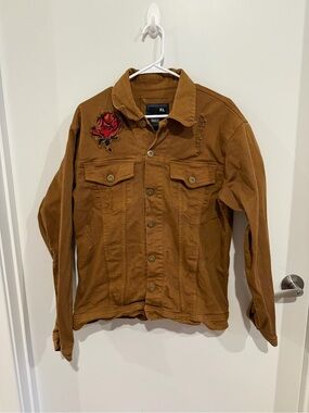 Trac Brown Distressed Trucker Jacket with Red Rose Patch